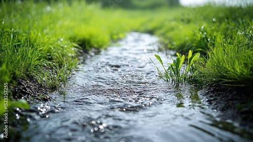 A narrow stream meanders through a grassy field