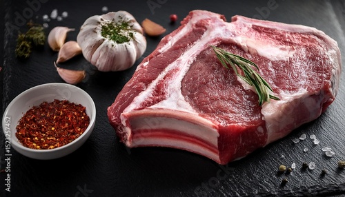 raw beef rib bone steak with spices meat steak beef rib bone raw spices seasonings gourmet cooking ingredients