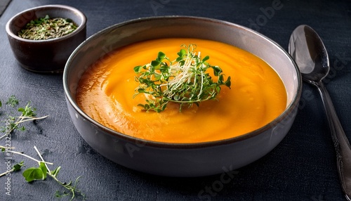 creamy carrot soup with microgreens garnish