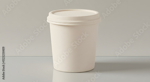 Minimalist White Disposable Ice Cream Pint with Lid on Reflective Surface, Isolated Against Neutral Background