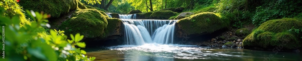 Obraz premium Springtime waterfall cascading over mossy rocks, sunlight dappling the lush green foliage Fresh, vibrant, and full of life, perfect for nature and travel themes , branches, spring, springtime