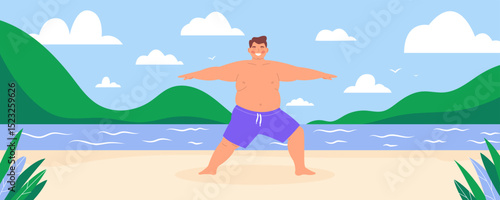 Smiling plus-size man practicing yoga or exercise on a serene beach. Body-positive banner, vector flat hand drawn illustration, self-acceptance and a healthy lifestyle, wellness, fitness concept.