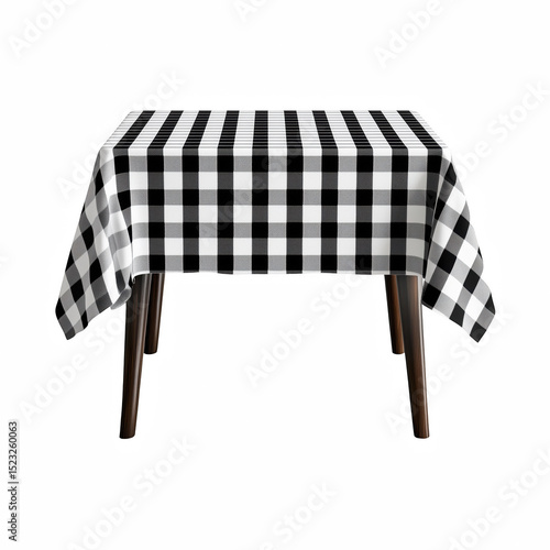 Rectangular table with black and white checkered tablecloth, isolated on white background.