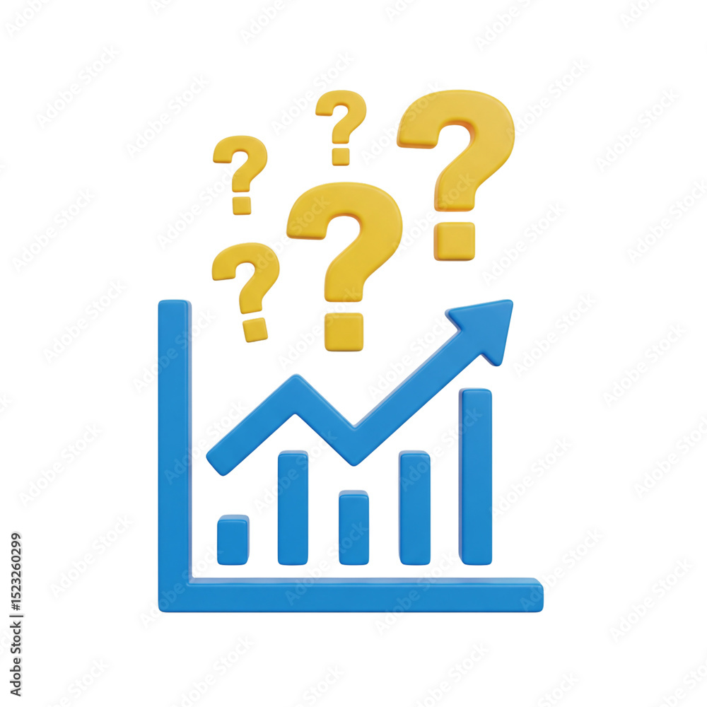 3D Render Icon of a Financial Graph with Question Marks, Symbolizing Uncertainty 3D Render Icon of a Financial Graph with Question Marks, Symbolizing Uncertainty