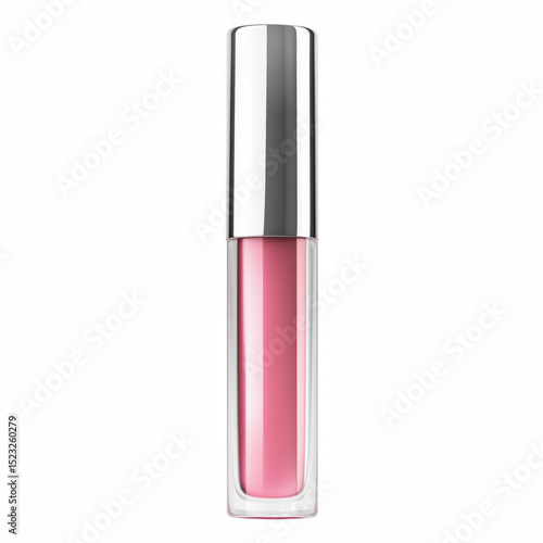 Pink shimmer lip gloss in clear tube with silver cap, isolated on white background.