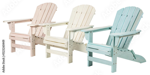 Set of three pastel colored Wooden lounge adirondack muskoka chair, isolated PNG transparent background