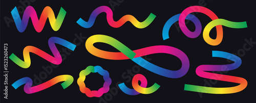 Set of colorful abstract ribbon elements with gradient transitions in rainbow hues in black background. Curved and twisted shapes ideal for festive designs, digital artwork and modern compositions