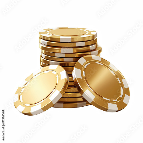 Stacks of golden casino chips with white accents, isolated on white background.