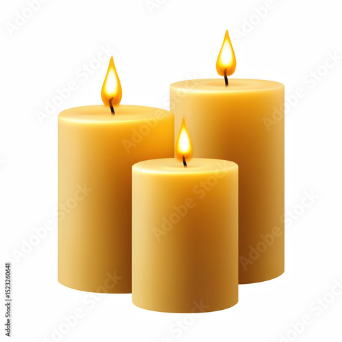 Three burning pillar candles with warm flames, isolated on white background.