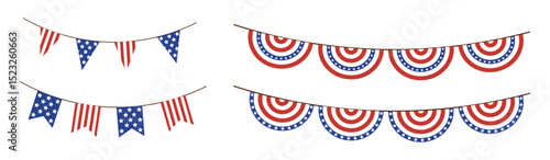 Set of patriotic bunting garlands in red, white, and blue.Includes various flag and pennant styles perfect for decorating Independence Day events and American holiday designs