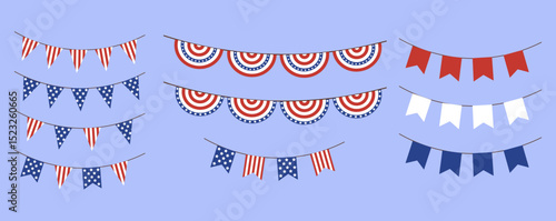 Set of patriotic bunting garlands in red, white, and blue.Includes various flag and pennant styles perfect for decorating Independence Day events and American holiday designs