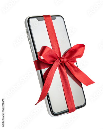 smartphone with a red ribbon, gift, sale, isolated PNG transparent background