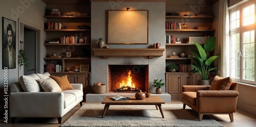 A cozy living room with a fireplace, bookshelves, and soft lighting, perfect for a relaxed and inviting virtual background Ideal for online meetings or streaming , cozy, calm, warm