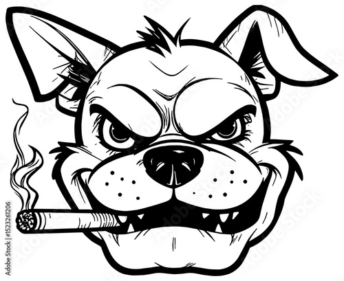 Cartoon dog smoking a cigar, black line art, isolated 