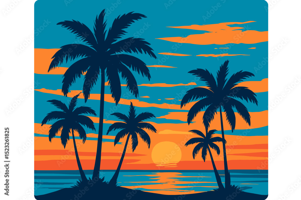 A serene beach scene at dusk with swaying palm trees, a vibrant image to unwind, featuring blue palm trees set against a warm orange sunset in a brilliant blue sky, reminiscent of a tropical island A serene beach scene at dusk with swaying palm trees, a vibrant image to unwind, featuring blue palm trees set against a warm orange sunset in a brilliant blue sky, reminiscent of a tropical island