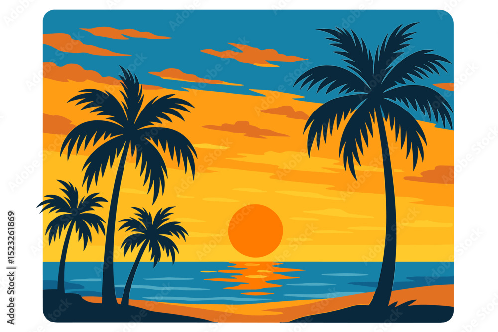 A serene beach scene at dusk is surrounded by palm trees, creating a tranquil atmosphere for relaxation, with vibrant hues and blue palm trees set against the backdrop of an orange sunset in a blue A serene beach scene at dusk is surrounded by palm trees, creating a tranquil atmosphere for relaxation, with vibrant hues and blue palm trees set against the backdrop of an orange sunset in a blue