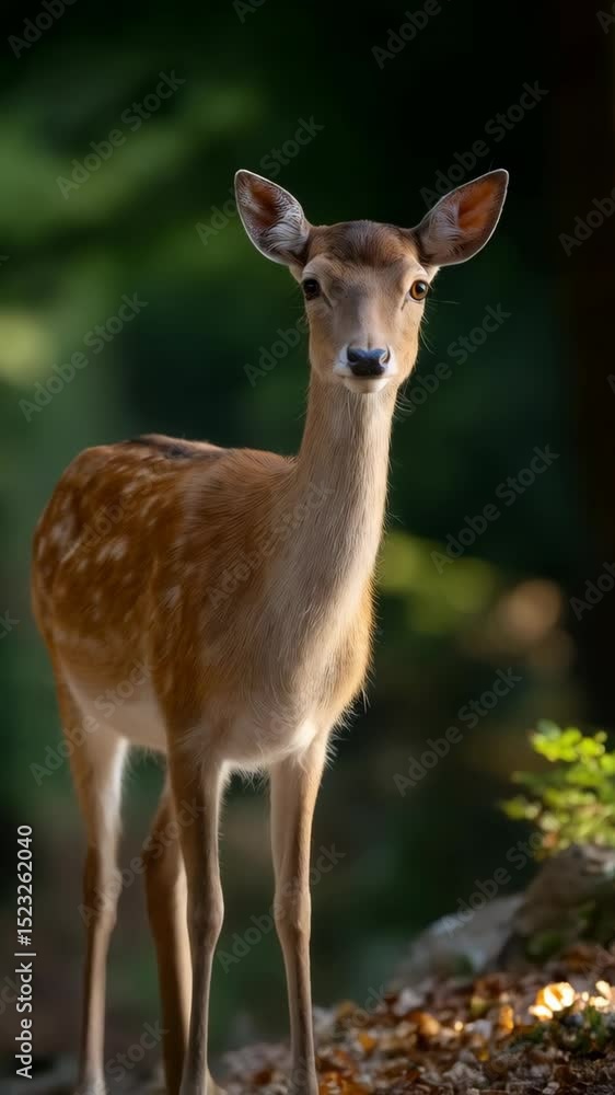 Elegant spotted deer gazing directly at the viewer in a lush, green forest during the daytime, showcasing its slender frame Elegant spotted deer gazing directly at the viewer in a lush, green forest during the daytime, showcasing its slender frame