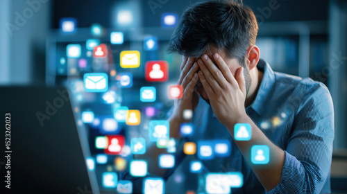 Man overwhelmed by digital notifications. Frustrated person holding head in hands surrounded by floating app icons, representing social media overload and digital stress