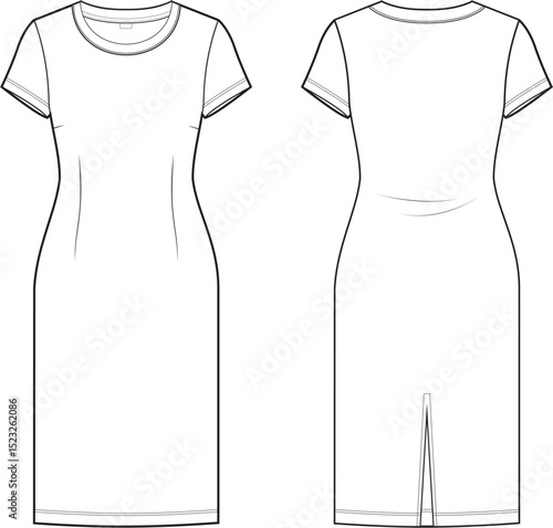 Flat technical sketch of a fitted women's casual knitted dress, front and back view, with crew neck, short sleeves, vertical darts, back slit and opening. Ideal for fashion design, pattern making. 