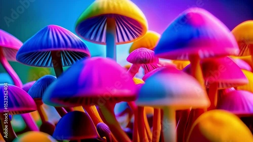 Vibrant surreal mushroom cluster, colorful fungi with rainbow iridescent hues in an abstract fantasy garden scene.