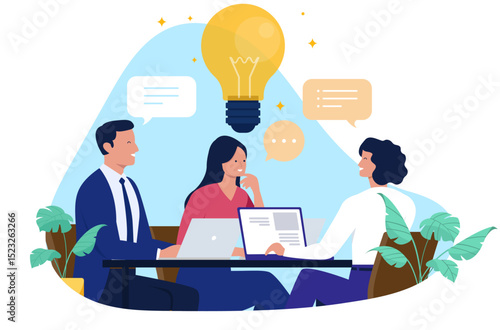 Business team brainstorming and collaborating on new ideas, solving problems and developing strategy at a meeting with a giant lightbulb and speech bubbles, flat design vector illustration