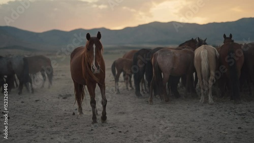 Wild horses running and grazing during sunset in the high desert mountains