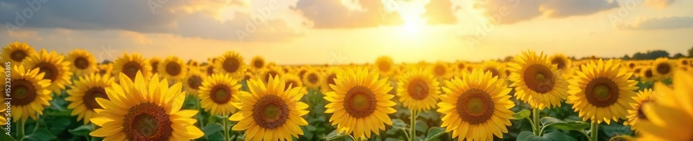 Obraz premium A vibrant, sunlit field of sunflowers stretches to the horizon, their bright yellow faces turned towards the sun, a testament to the beauty of honest, unadulterated joy , landscape, flora