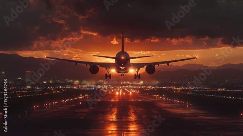 Airplane silhouetted against a sunset landing on a wet runway