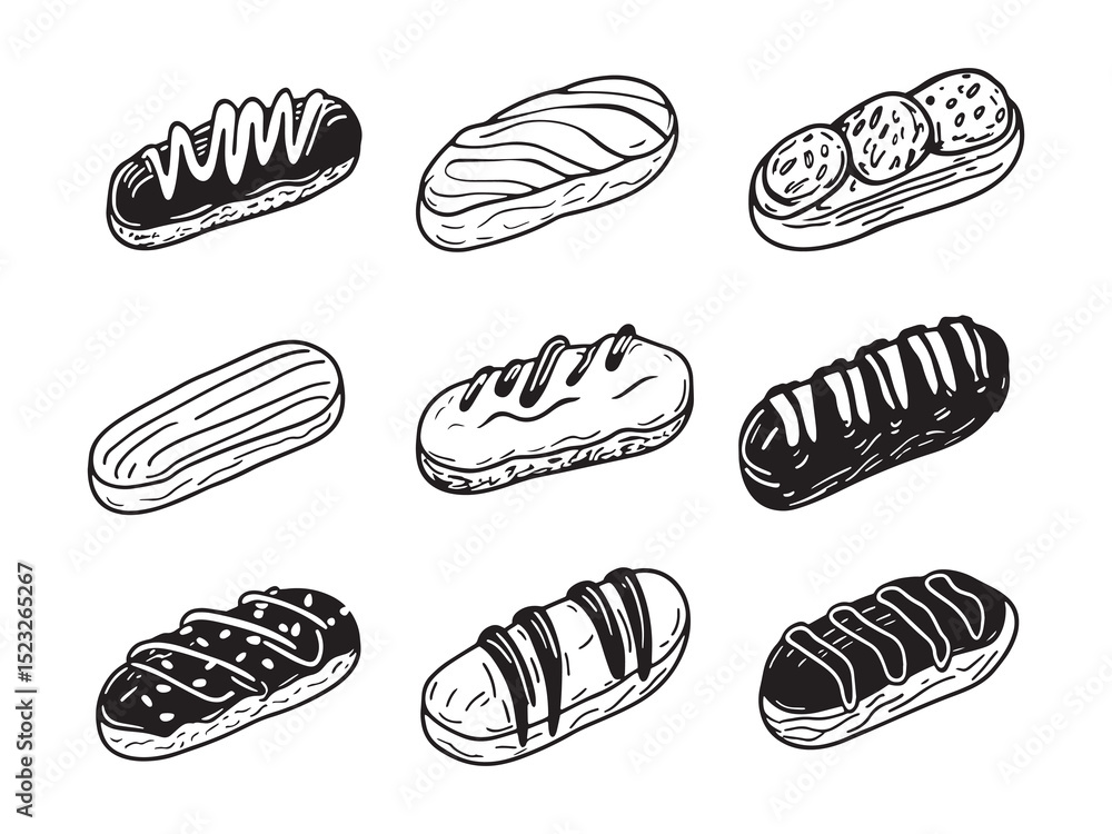Chocolate Eclairs Minimalist Illustration Set Chocolate Eclairs Minimalist Illustration Set