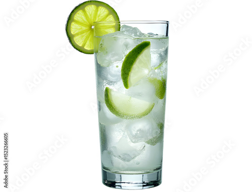 Dry gin and tonic with lime wedge and ice highball glass isolated.