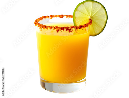 Frozen mango margarita with chili rim and lime wheel on white.