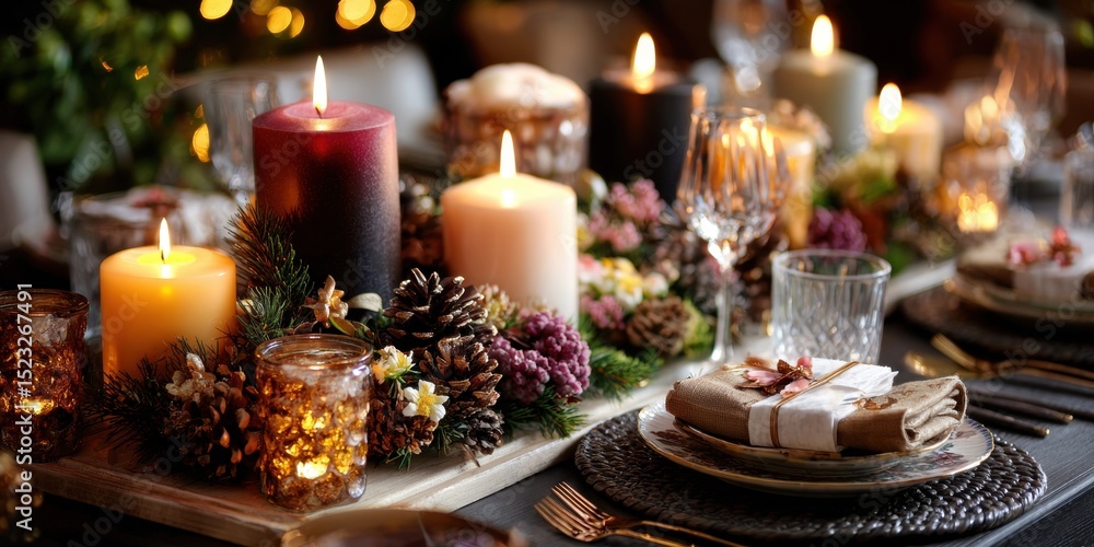 Elegant table setting with candles and pine cones arranged for a cozy, festive indoor gathering. Elegant table setting with candles and pine cones arranged for a cozy, festive indoor gathering.