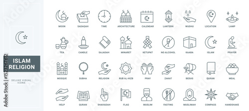 Muslim calendar for fasting, lantern and mosque, Ramadan Kareem and reading Quran. Islamic culture and prayers thin black and red outline symbols, vector illustration. Religion of Islam line icons set