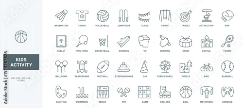 Balls and toys, birthday cap and balloon, swing thin black outline symbols vector illustration. Kindergarten and school games in park, sport equipment and entertainment line icons set.