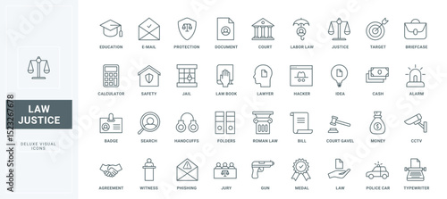 Legal document, education and court building, book and gavel of judge, handcuff and jail for criminals thin black and red outline symbols, vector illustration. Justice and law, judgment line icons set