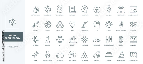 laboratory research of chromosomes and molecular structure, chemical liquid and brain, chemistry lab innovation thin black and red outline symbols, vector illustration. Nanotechnology line icons set