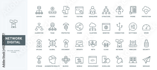 Digital services for information exchange, share and transfer, cloud access protection thin black and red outline symbols, vector illustration. Digital data, network communication line icons set
