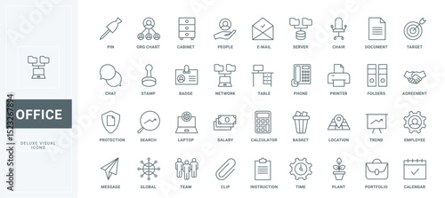 Outline symbols of stationery and documents to archive in folders and employees briefcase, managers laptop on workplace and badge. Office work thin black and red line icons set vector illustration