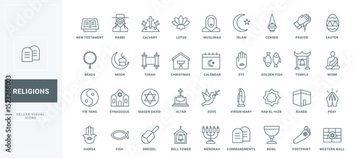 Religious prayer and temple, holy book and Islamic calendar, praying hands thin black outline symbols vector illustration. Christianity and Buddhism, Islam and Judaism religion line icons set.