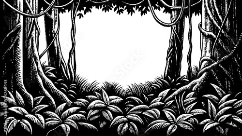 black and white sketch vector of a dense jungle with tropical plants, vines, and wild undergrowth