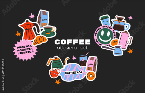 Minimalist coffee doodles and cafe stickers. Espresso machines, kettles, mugs, coffee beans, brewing tools. Vintage-style graphic icons. Brew shop elements.