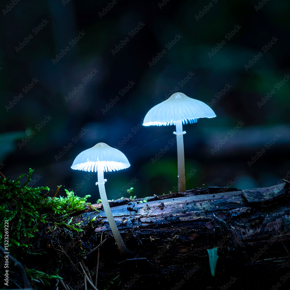 Fototapeta premium Ethereal glowing mushrooms illuminate a dark forest scene. A magical, mystical feeling. Perfect for fantasy, nature, or fairytale projects. Natures wonders concept.