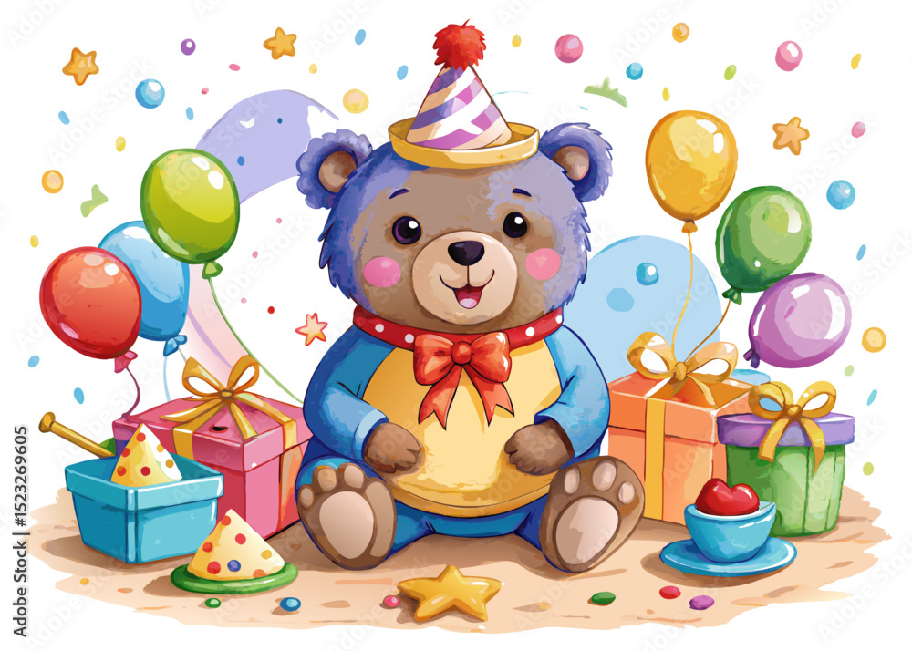 Obraz premium Teddy Bear Birthday SVG – Watercolor Bear with Balloon Clipart for Kids’ Crafts, Cards, and Party Decor