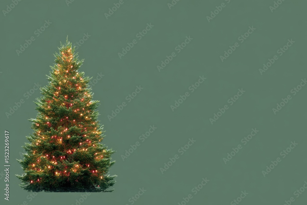 Illuminated Christmas tree decorated with warm lights against a solid green background, festive holiday decor. Illuminated Christmas tree decorated with warm lights against a solid green background, festive holiday decor.