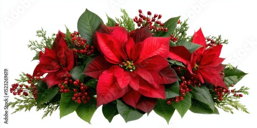 Red flower bouquet with green leaves and berries on white background, bright natural lighting.