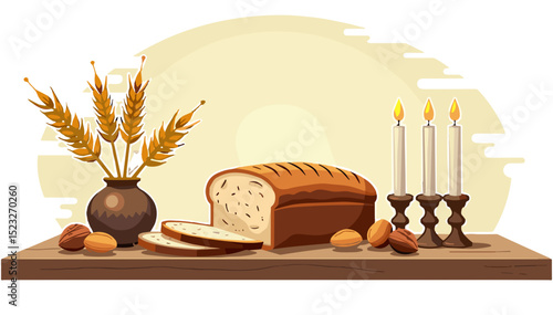Still life with bread, nuts, candles and wheat in rustic style, warm tones, illustration for Nut Spas or Bread Savior Day celebration