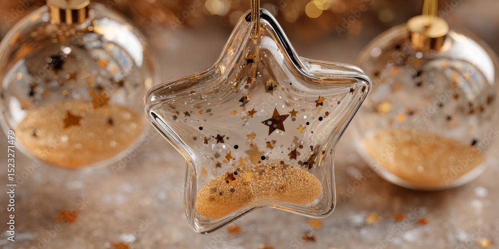 Fototapeta premium Three transparent glass ornaments with gold star decorations hanging against a white background.