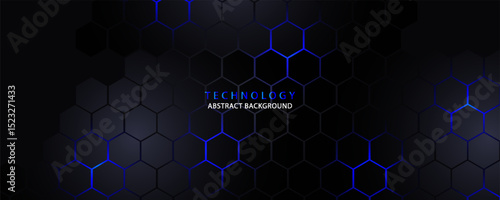 Dark gray and blue horizontal hexagonal technology abstract vector background. blue bright energy flashes under hexagon in futuristic modern technology wide banner. Dark gray honeycomb texture grid.