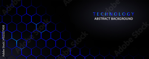 Dark gray and blue horizontal hexagonal technology abstract vector background. blue bright energy flashes under hexagon in futuristic modern technology wide banner. Dark gray honeycomb texture grid.