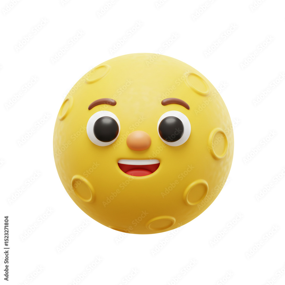 Fototapeta premium Smiling yellow cartoon moon with craters in 3d illustration on a white background